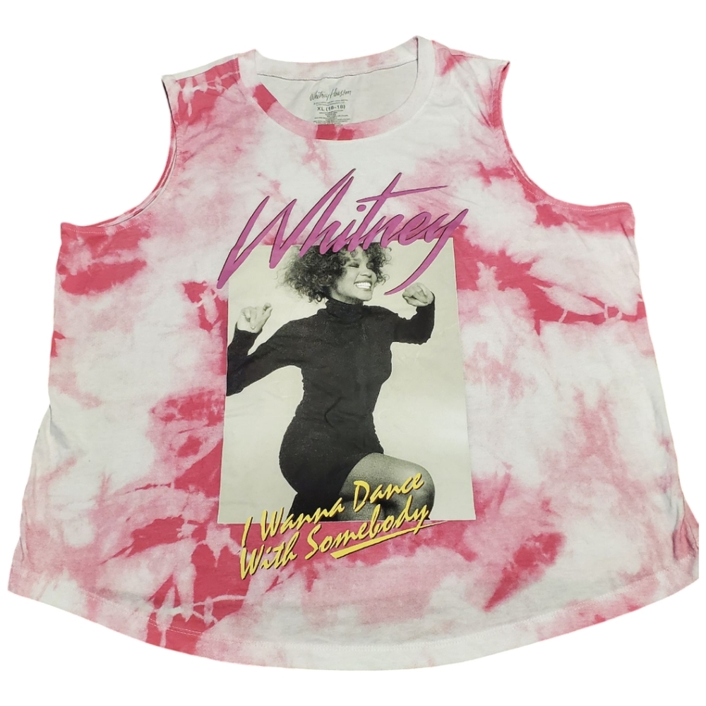 XL Pink and White Tie-Dye Graphic Tank Top " Whitney Houston"